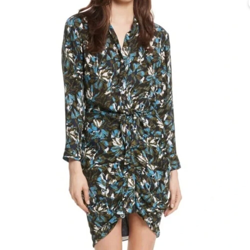 Veronica Beard Georgina 100% Silk Blue Green Floral Print Shirt Dress size 2